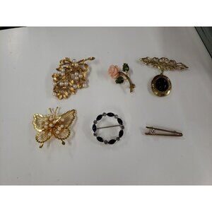 Vtg Rhinestone Faux Pearl Brooch Pins Lot Mixed Lot 6 Piece Monet Kramer Estate